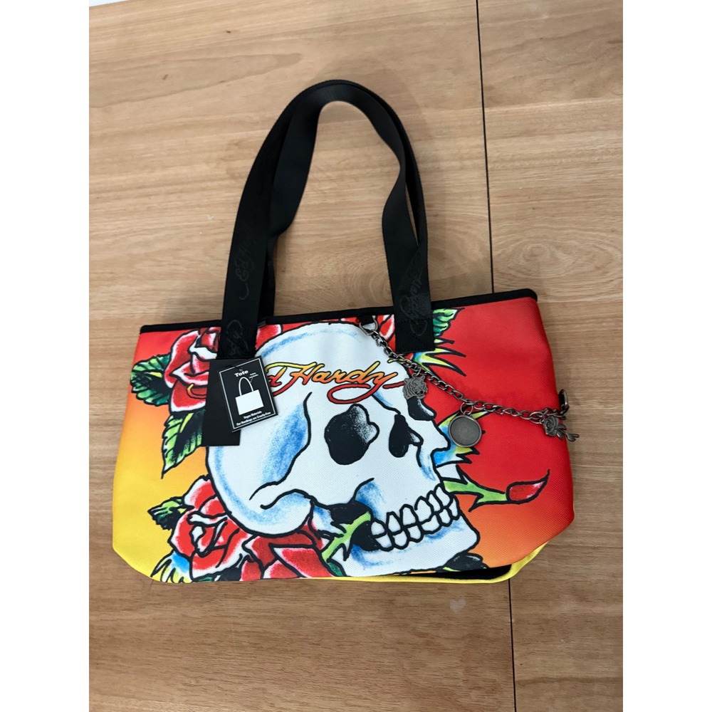 Ed Hardy Skull and Roses Tattoo Art Tote Bag Red Yellow Y2K NWT